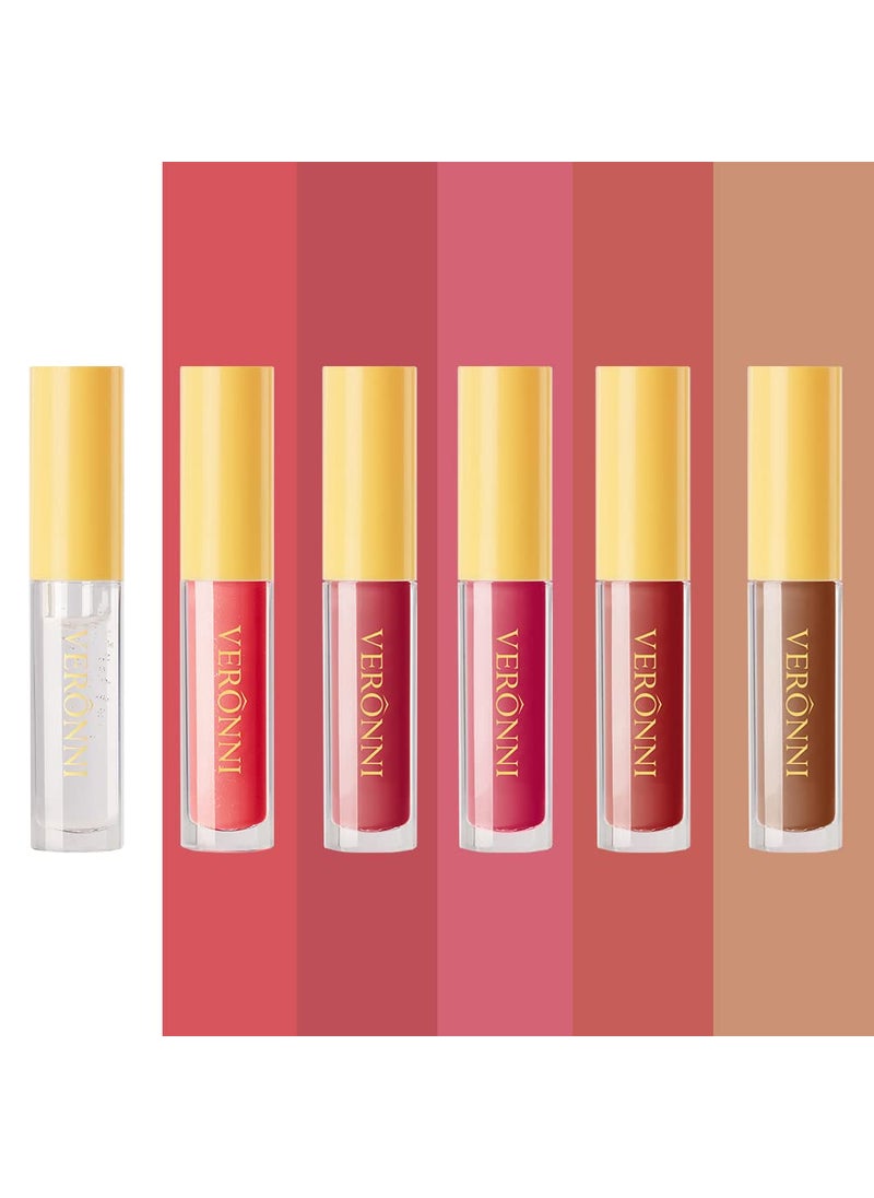 VERONNI 6 Colors Lip Tinted Stain Gloss Set Hydrating Plumping Liquid Lipstick Set Moisturizing Clear Lip Oil For Dry Lips Nourishing Water Glossy Glass Lip Oil Gloss
