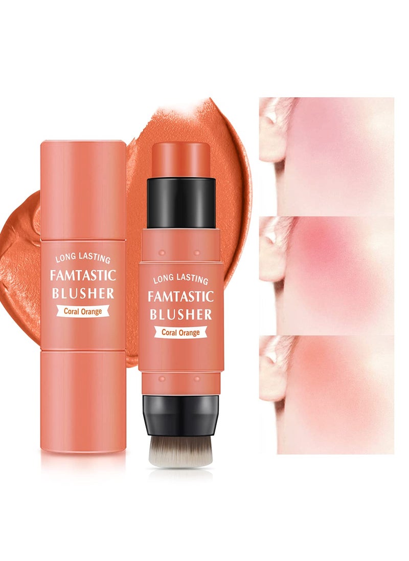 Cream Blush Stick for Cheeks  2 in 1 Multi Makeup Blush with Brush for Cheeks Tint  Eyes  Lips Waterproof Smooth Creme Texture Longlasting Wear All Day 03 Coral Orange