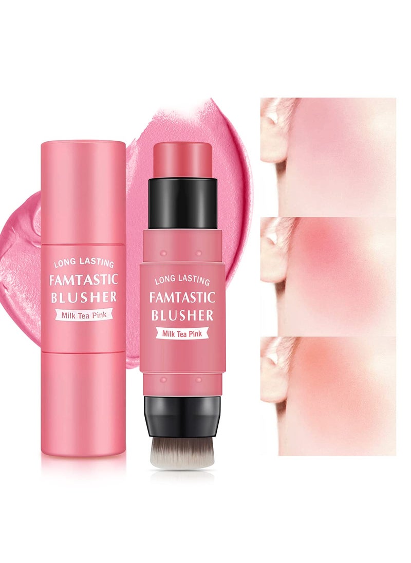 Cream Blush Stick for Cheeks  2 in 1 Multi Makeup Blush with Brush for Cheeks Tint  Eyes  Lips Waterproof Smooth Creme Texture Longlasting Wear All Day 01 Cherry Pink