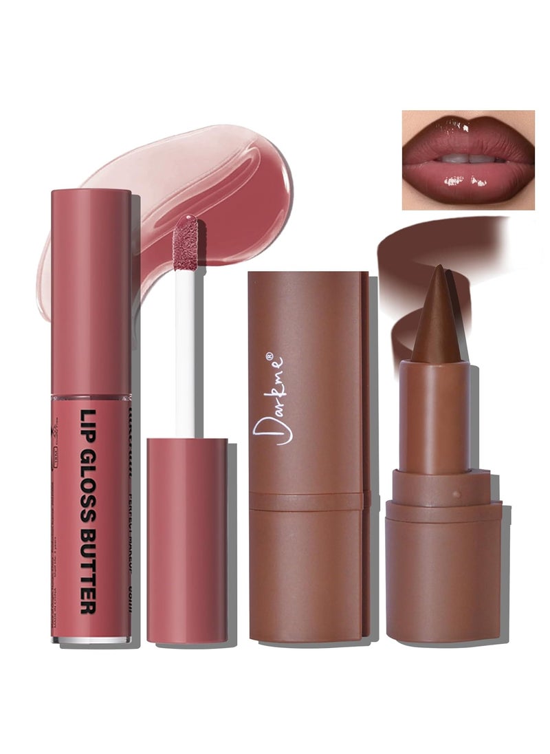 Lip Liner Butter Gloss Set Dark Brown Plumping Lip Liner Lip Pencil Moisturizing Lightweight Lip Gloss Lip Combo High Shine Glossy Lip Tint Lip Stain Makeup Long Lasting Lip Care for Women