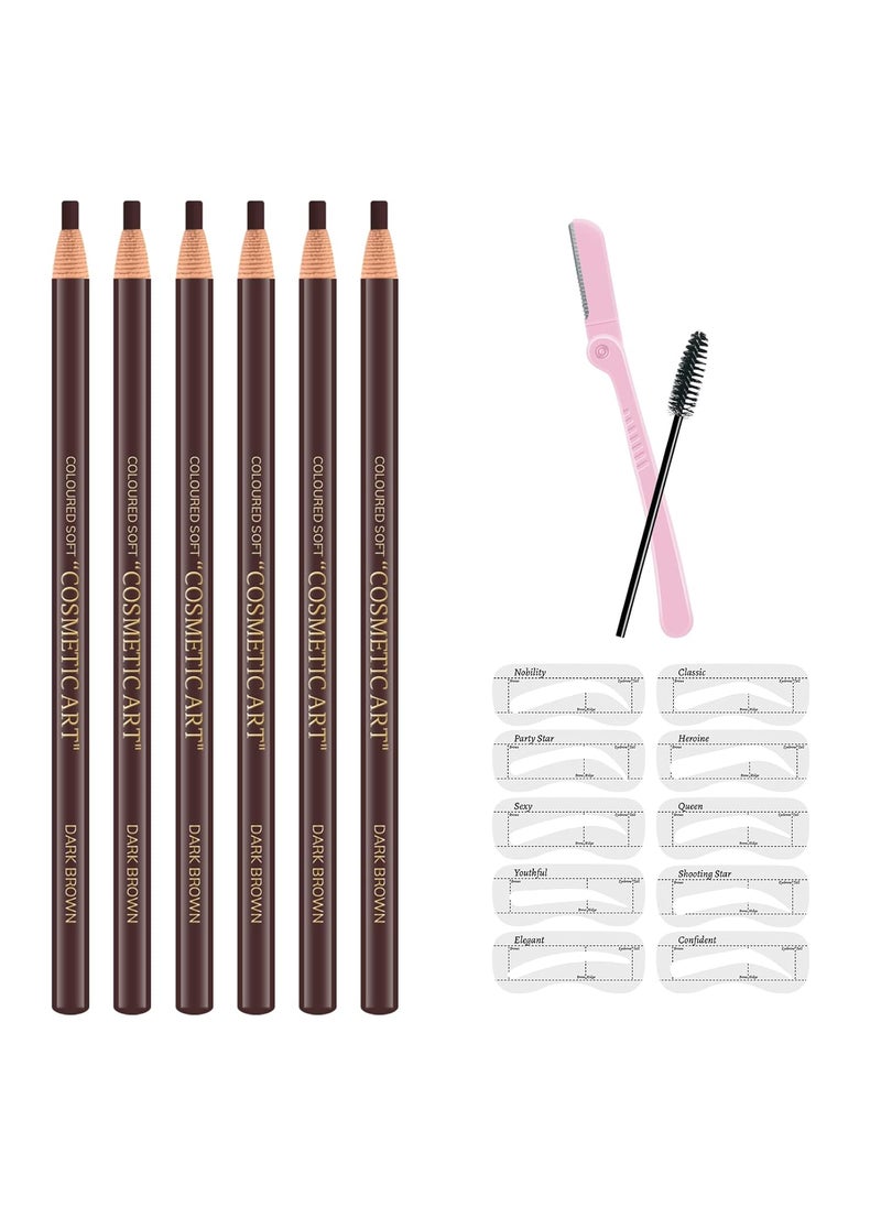 Ownest 6 Pcs Pull Cord Peeloff Eyebrow Pencil Tattoo Makeup and Microblading Supplies Set for Marking Filling and Outlining Waterproof and Durable Permanent Eyebrow Liner Dark Brown