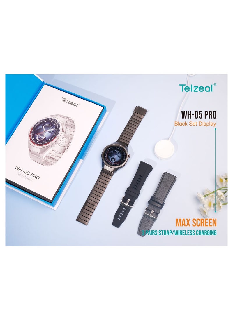 WH-05 PRO Waterproof Design Smartwatch With MAX Screen Display 3 Interchangeable Straps and Wireless Charging Designed for Men Black