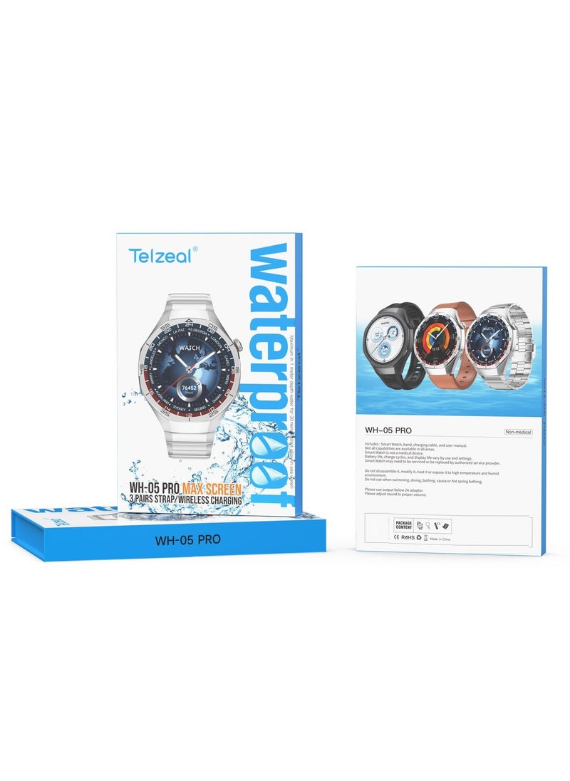 WH-05 PRO Waterproof Design Smartwatch With MAX Screen Display 3 Interchangeable Straps and Wireless Charging Designed for Men Black