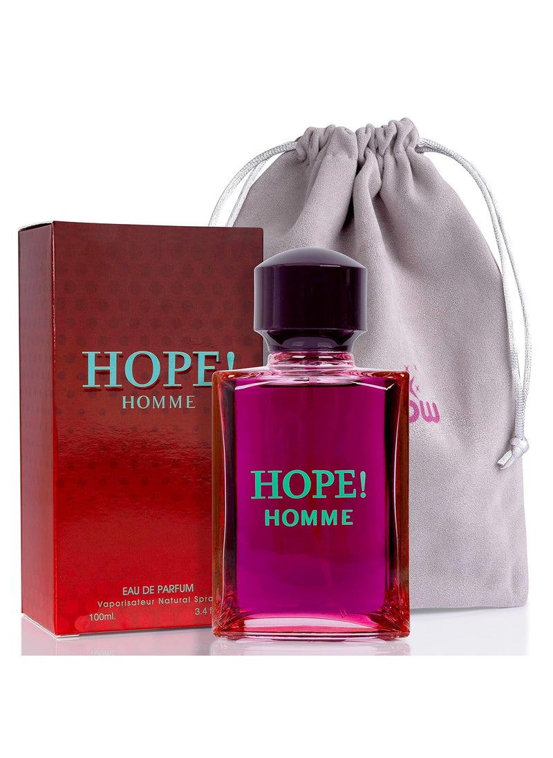 NovoGlow Hope Homme for Men  100ml Eau De Parfum Spray for Men  Spicy Floral  Intense Fragrance Warm Scent Lasts All Day Long Includes Carrying Pouch Gift for Men for All Occasions