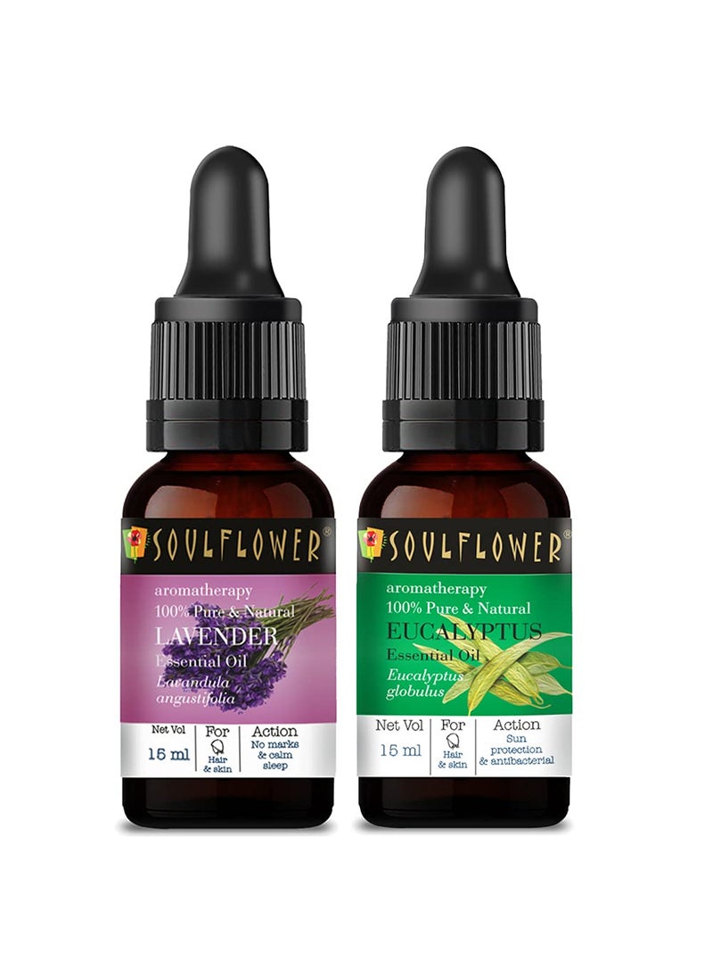Soulflower Essential Oil Eucalyptus & Lavender for Healthy Hair & Skin, Relaxing & Sound Sleep - 100% Pure, Natural & Undiluted Essential Oil, Pack of 2