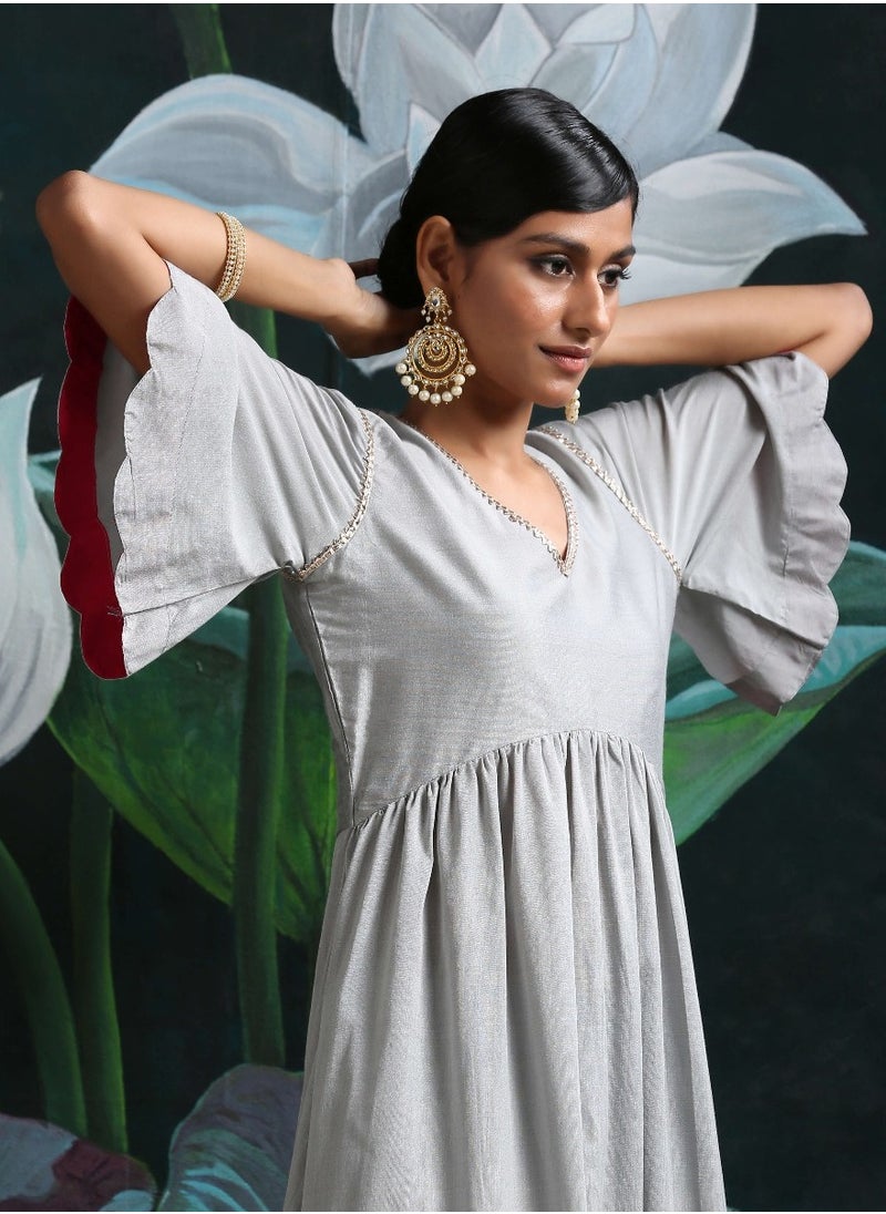 Grey Banarasi Scallop Sleeves kurta