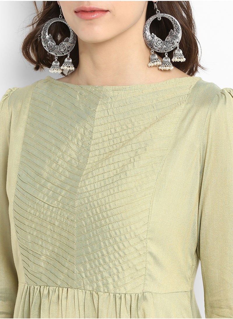 Sage Green Banarasi Flared Kurta with Churidar Sleeves