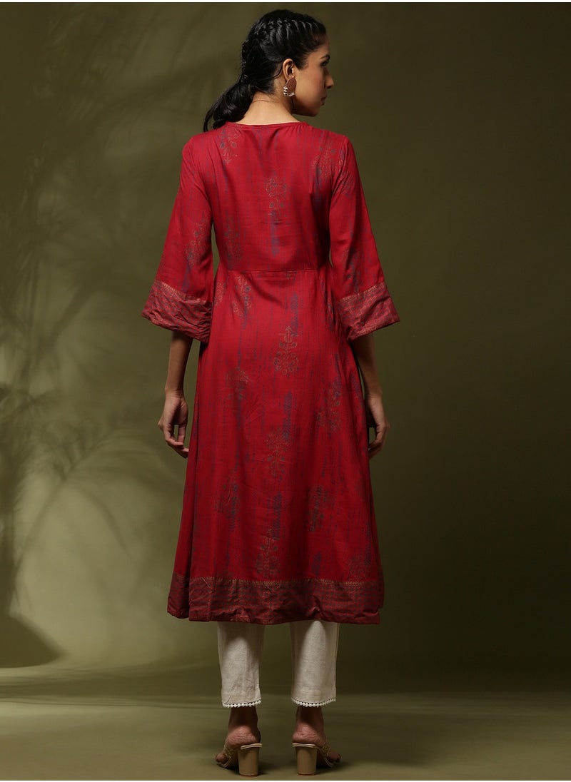 Printed flare dress with zari yoke embroidery-red