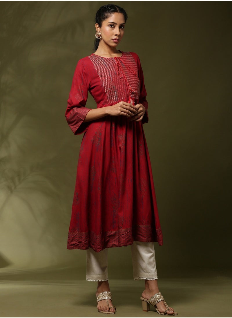 Printed flare dress with zari yoke embroidery-red