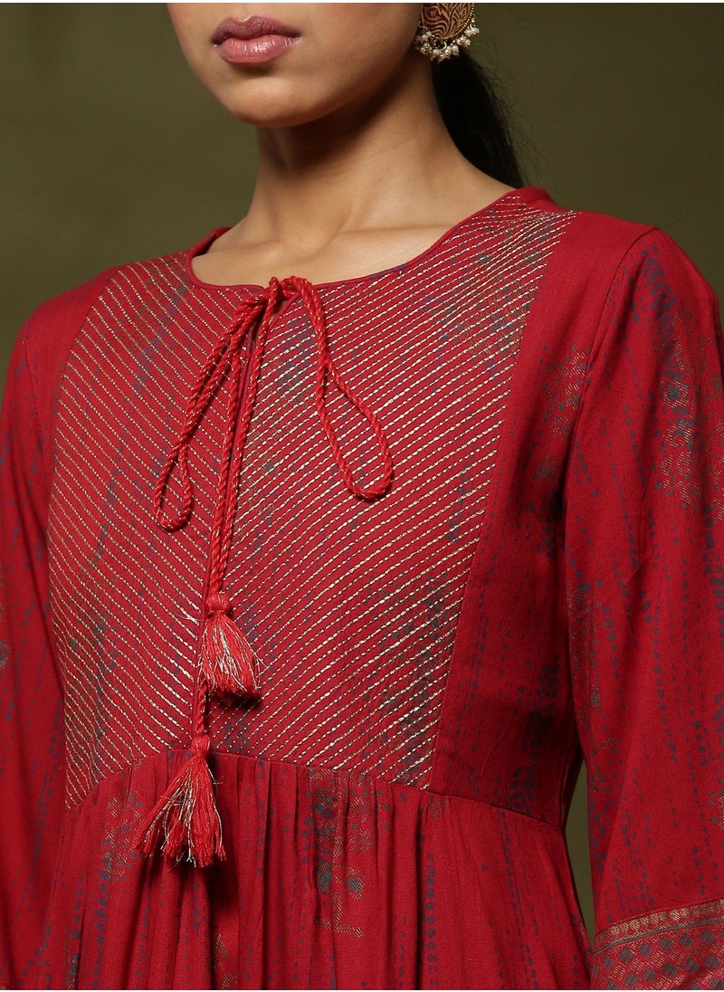 Printed flare dress with zari yoke embroidery-red