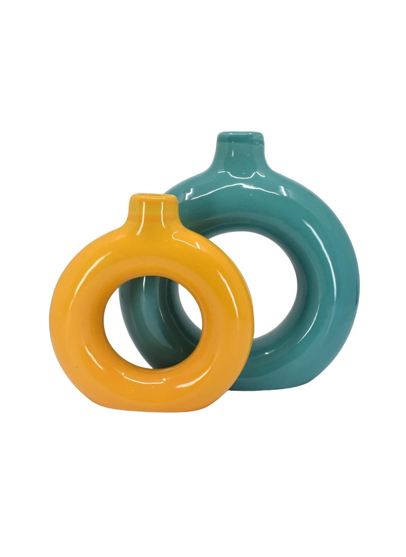 The Decor Lane Artisan Crafted Ceramic Donut Shaped Vase for Pampas Grass | for Unique Home Décor | Ceramic Donut Vase, Flower Vase Pampas Grass Vase Set of 2 (Orange-T.BLU, 6 Inches & 8 Inches)