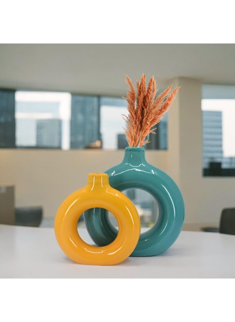 The Decor Lane Artisan Crafted Ceramic Donut Shaped Vase for Pampas Grass | for Unique Home Décor | Ceramic Donut Vase, Flower Vase Pampas Grass Vase Set of 2 (Orange-T.BLU, 6 Inches & 8 Inches)