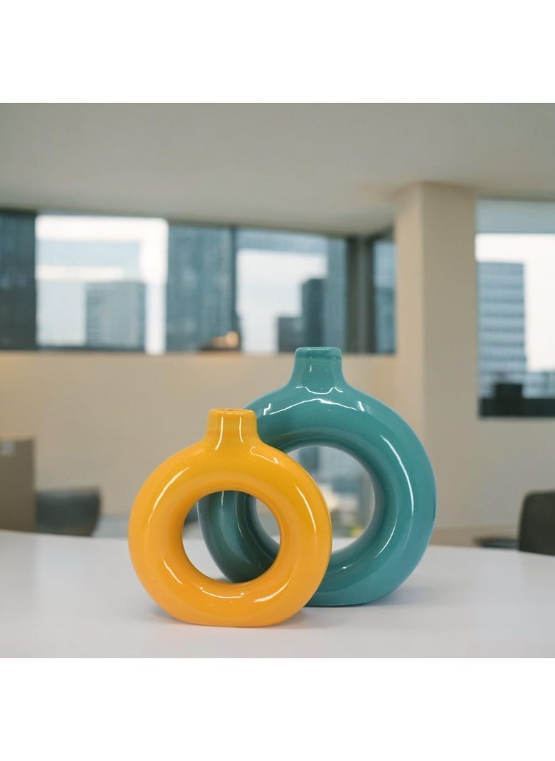 The Decor Lane Artisan Crafted Ceramic Donut Shaped Vase for Pampas Grass | for Unique Home Décor | Ceramic Donut Vase, Flower Vase Pampas Grass Vase Set of 2 (Orange-T.BLU, 6 Inches & 8 Inches)