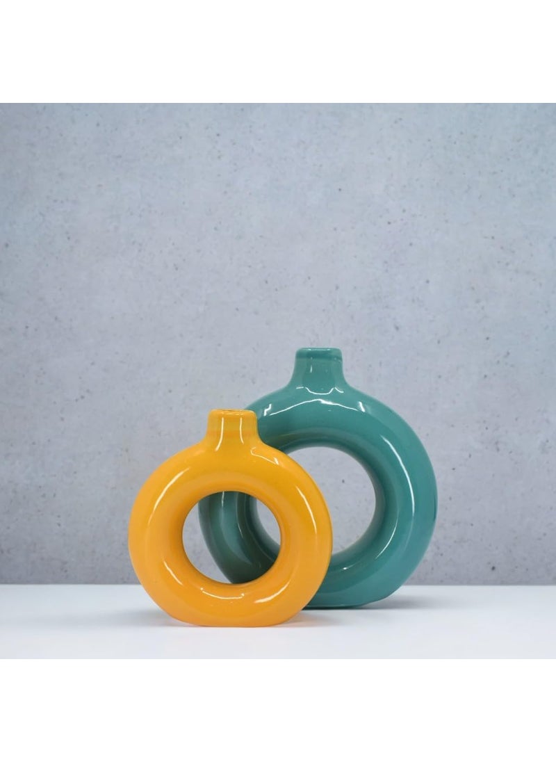 The Decor Lane Artisan Crafted Ceramic Donut Shaped Vase for Pampas Grass | for Unique Home Décor | Ceramic Donut Vase, Flower Vase Pampas Grass Vase Set of 2 (Orange-T.BLU, 6 Inches & 8 Inches)