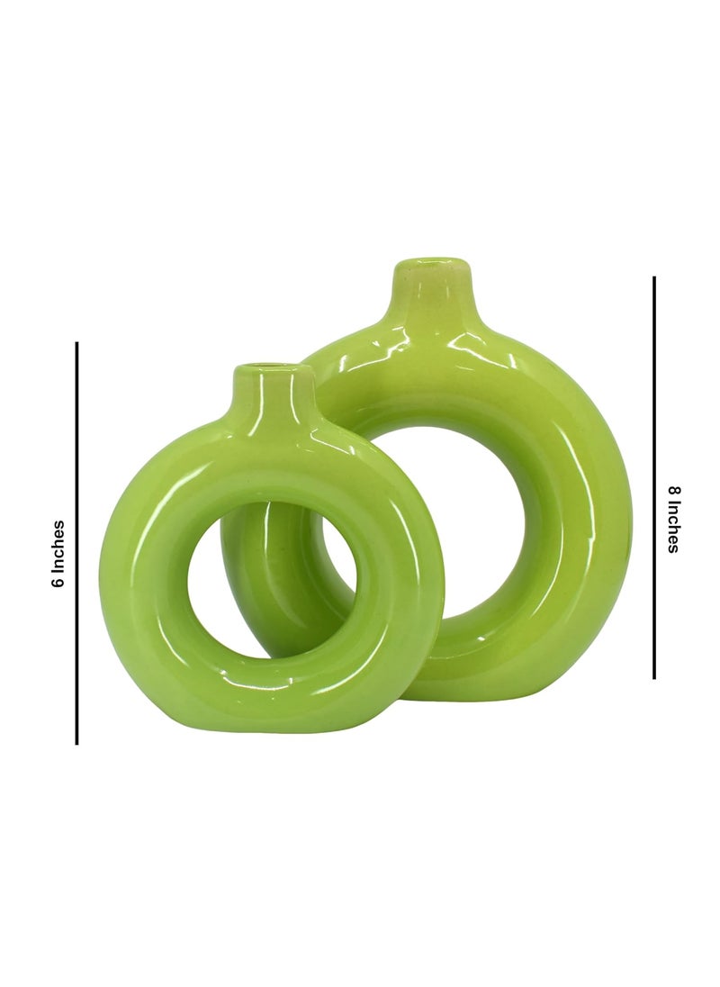 The Decor Lane Artisan Crafted Ceramic Donut Shaped Vase for Pampas Grass | for Unique Home Décor | Ceramic Donut Vase, Flower Vase Pampas Grass Vase Set of 2 (Green-Green, 6 Inches & 8 Inches)