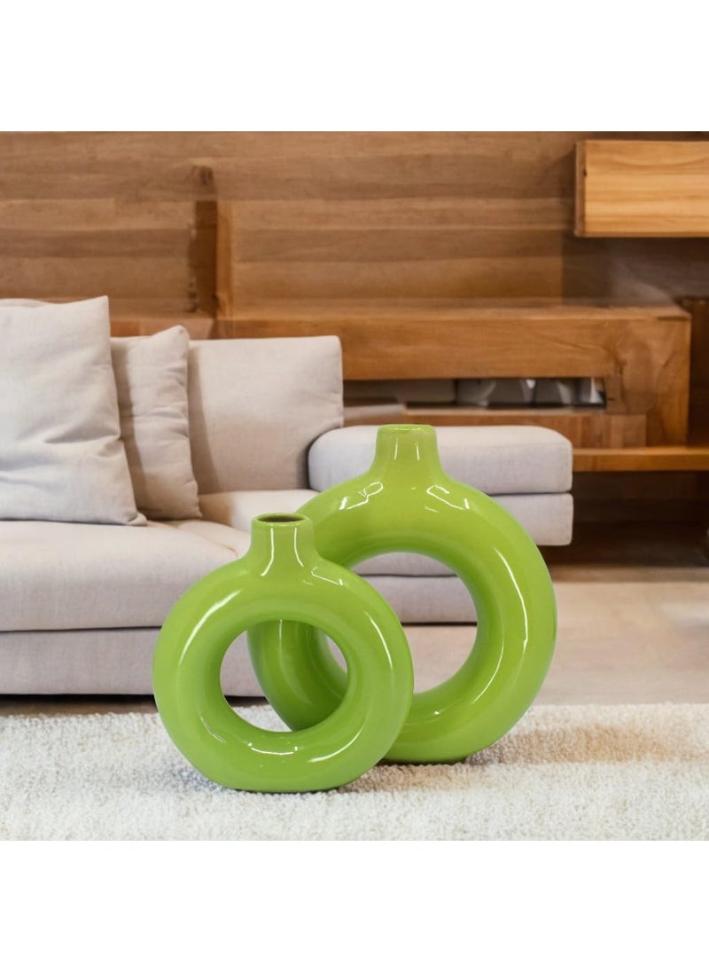 The Decor Lane Artisan Crafted Ceramic Donut Shaped Vase for Pampas Grass | for Unique Home Décor | Ceramic Donut Vase, Flower Vase Pampas Grass Vase Set of 2 (Green-Green, 6 Inches & 8 Inches)