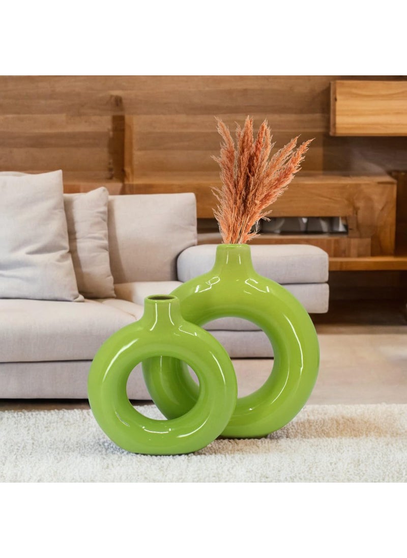 The Decor Lane Artisan Crafted Ceramic Donut Shaped Vase for Pampas Grass | for Unique Home Décor | Ceramic Donut Vase, Flower Vase Pampas Grass Vase Set of 2 (Green-Green, 6 Inches & 8 Inches)