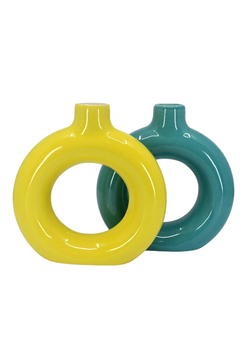 The Decor Lane Artisan Crafted Ceramic Donut Shaped Vase for Pampas Grass | for Unique Home Décor | Ceramic Donut Vase, Flower Vase Pampas Grass Vase (T.BLU-Yellow, 6 INCHES Pack of 2)