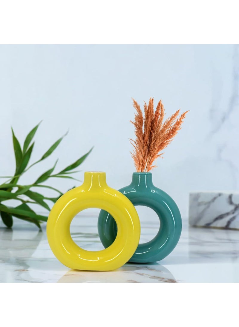 The Decor Lane Artisan Crafted Ceramic Donut Shaped Vase for Pampas Grass | for Unique Home Décor | Ceramic Donut Vase, Flower Vase Pampas Grass Vase (T.BLU-Yellow, 6 INCHES Pack of 2)