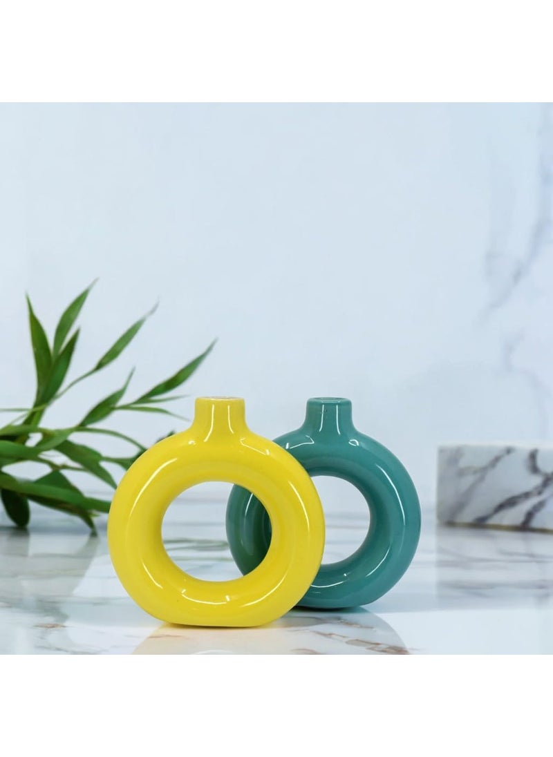 The Decor Lane Artisan Crafted Ceramic Donut Shaped Vase for Pampas Grass | for Unique Home Décor | Ceramic Donut Vase, Flower Vase Pampas Grass Vase (T.BLU-Yellow, 6 INCHES Pack of 2)