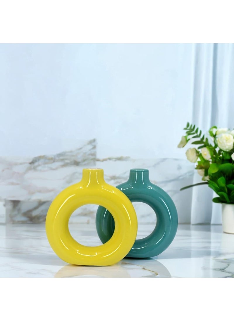 The Decor Lane Artisan Crafted Ceramic Donut Shaped Vase for Pampas Grass | for Unique Home Décor | Ceramic Donut Vase, Flower Vase Pampas Grass Vase (T.BLU-Yellow, 6 INCHES Pack of 2)