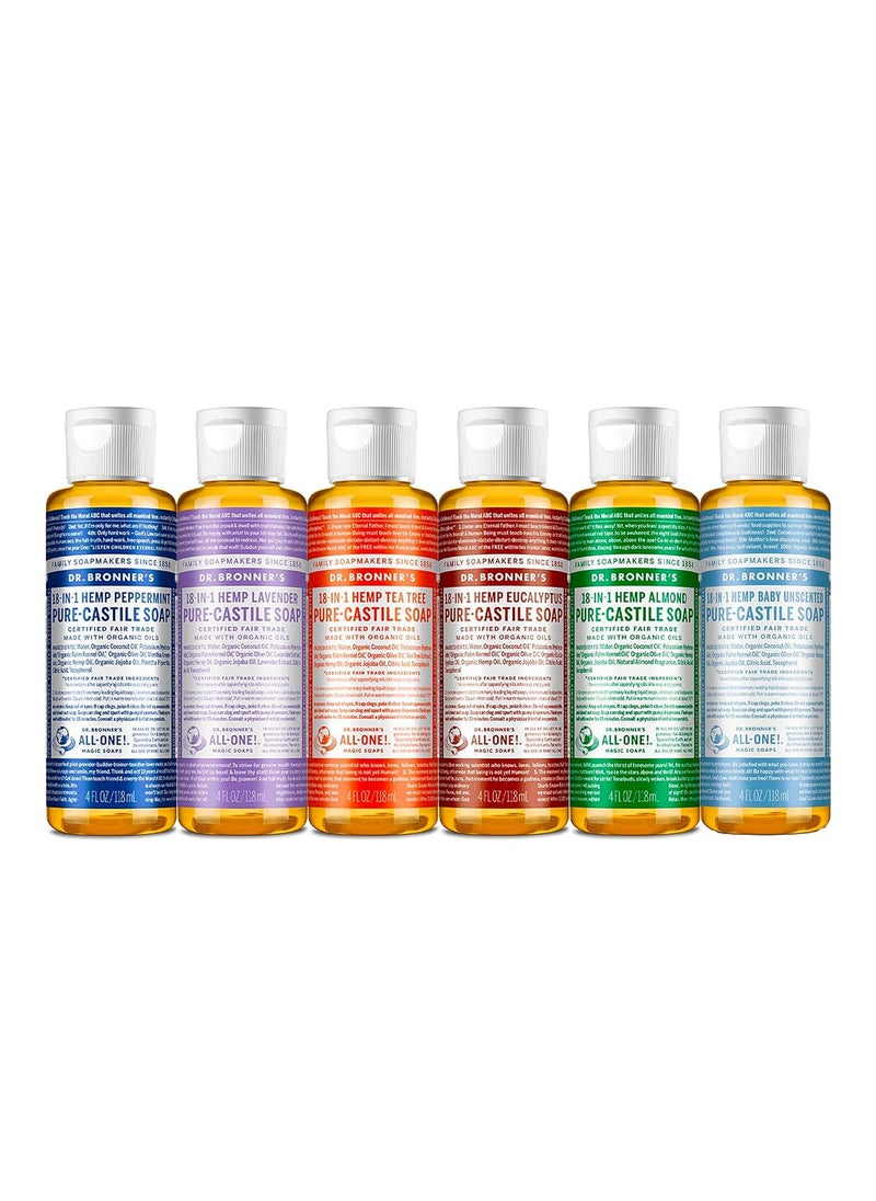 Dr Bronners  PureCastile Liquid Soap 4 oz Variety Pack Peppermint Lavender Tea Tree Eucalyptus Almond  Baby Unscented  18in1 Uses