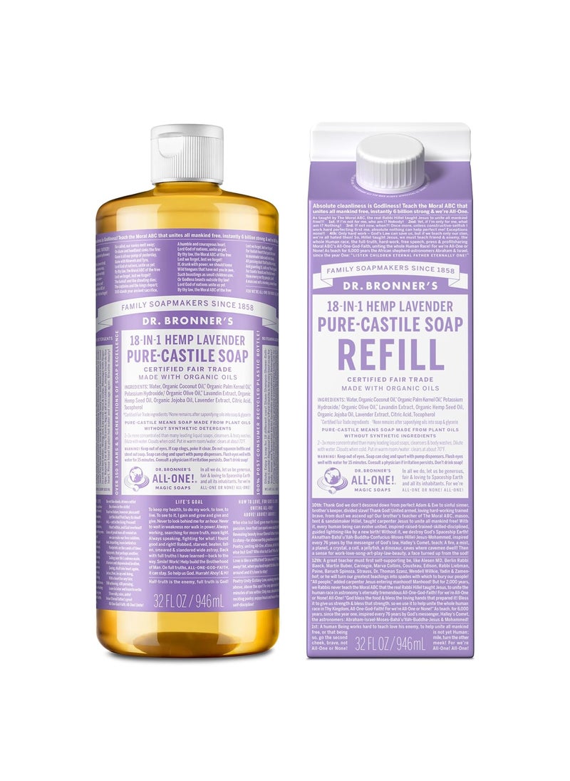Dr Bronners PureCastile Liquid Soap Bottle  Refill Carton  Made with Regenerative Organic Certified Oils 82 Less Plastic18in1 Uses for Face Body Wash Hand Soap Refill Lavender32oz