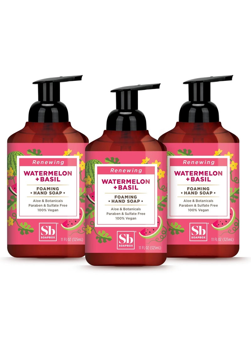 Soapbox Foaming Hand Soap Watermelon  Basil 11oz Pump Bottles 3 Pack Cruelty Free Vegan Moisturizing Foaming Hand Wash for Kitchen  Bathroom