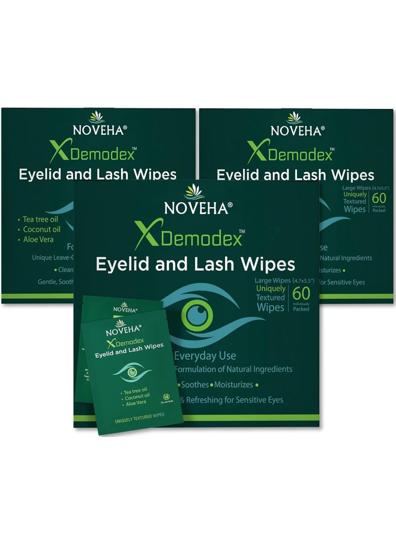 NOVEHA Demodex Eyelid  Lash Wipes  Box of 60 Individually Wrapped Extra Strength Cleansing Eyelash Wipes  Battles Irritated Eyes  Naturally Remove Debris Pack of 3