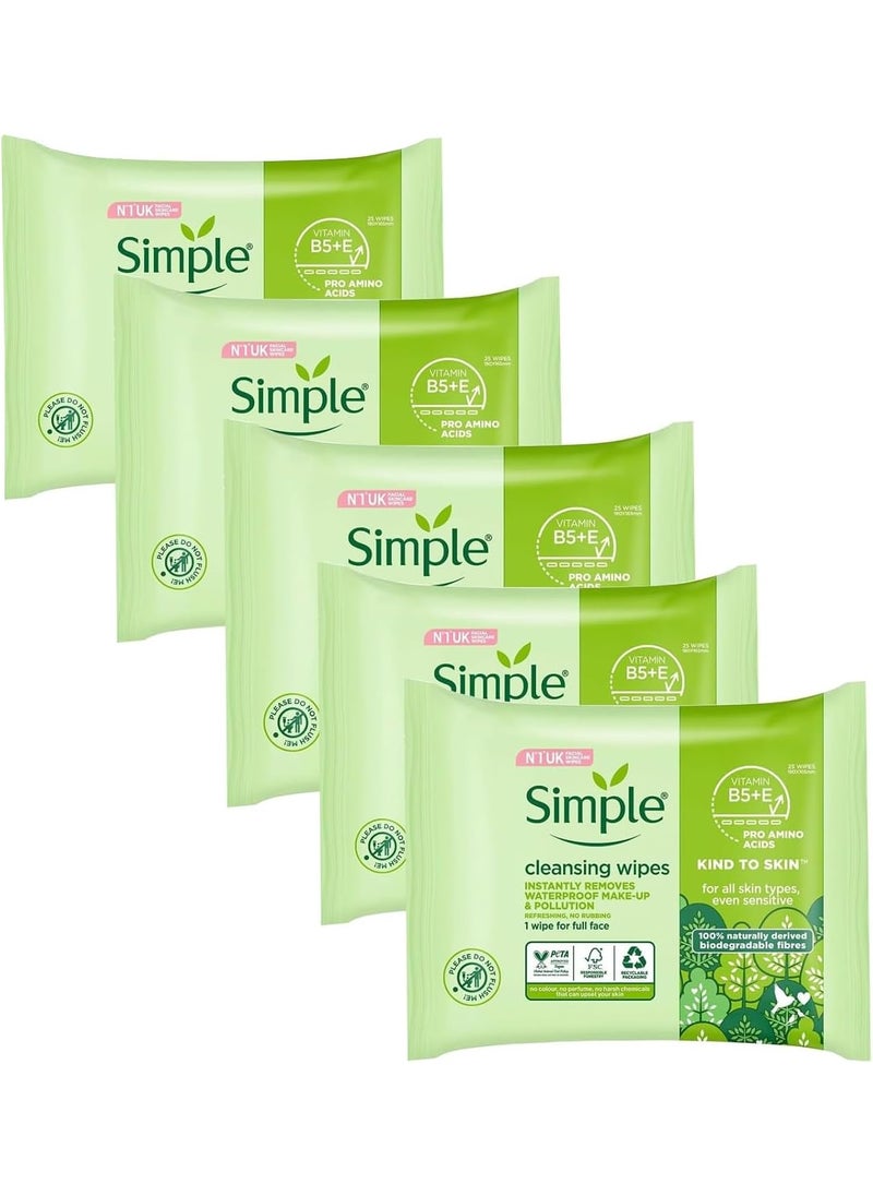 Simple Kind to Skin Cleansing Facial Wipes 25 Count Pack of 6