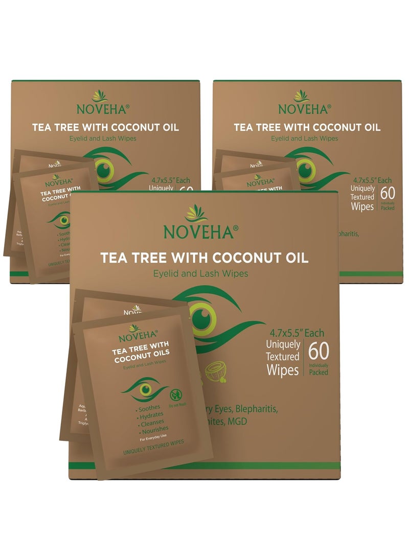 NOVEHA Tea Tree  Coconut Oil Eyelid  Lash Wipes  For Demodex Blepharitis  Itchy Eyes  Effective Eyelash Wipes With Aloe Vera Natural Makeup Remover  Daily Eye Cleanser  60PCS Pack of 3