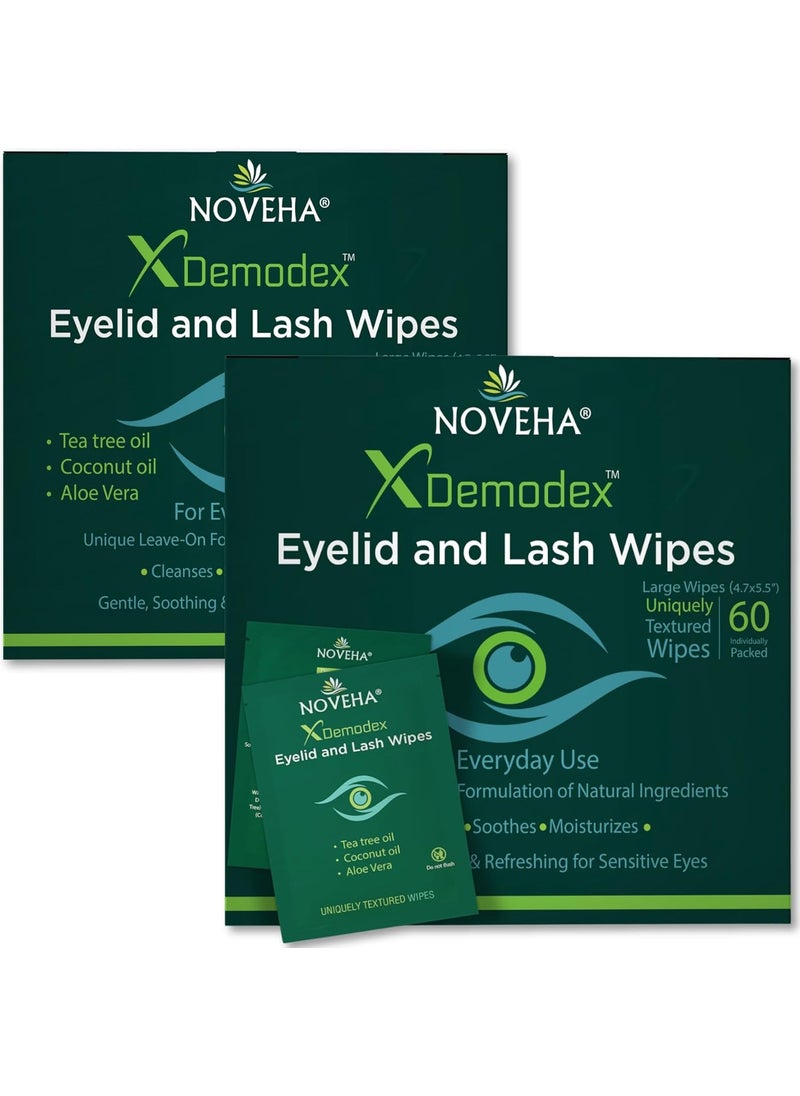 NOVEHA Demodex Eyelid  Lash Wipes  Box of 60 Individually Wrapped Extra Strength Cleansing Eyelash Wipes  Battles Irritated Eyes  Naturally Remove Debris Pack of 2