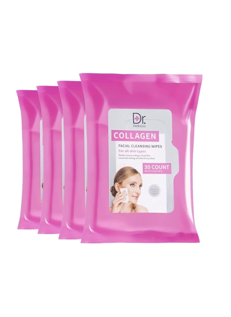 Dr Wellness Gentle Cleansing Facial Wipes Variety Pack for All Skin Types 30 Count Pack of 4 Collagen