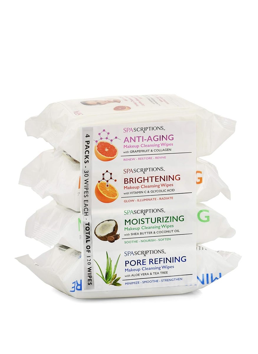 Spascriptions AntiAging Brightening Moisturizing  Pore Refining Towelettes Removes Waterproof Makeup Revives with Collagen Vitamin C Coconut Oil and Aloe Hypoallergenic 120 Ct 4 Pack