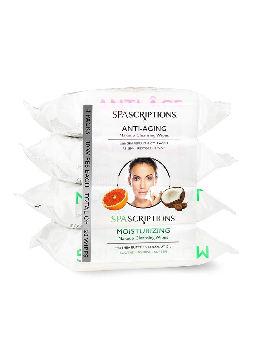 Spascriptions Cleansing Makeup Removal Wipes Bulk  Great for travel toiletries  120 Count 4Pack AntiAgingMoisturizing