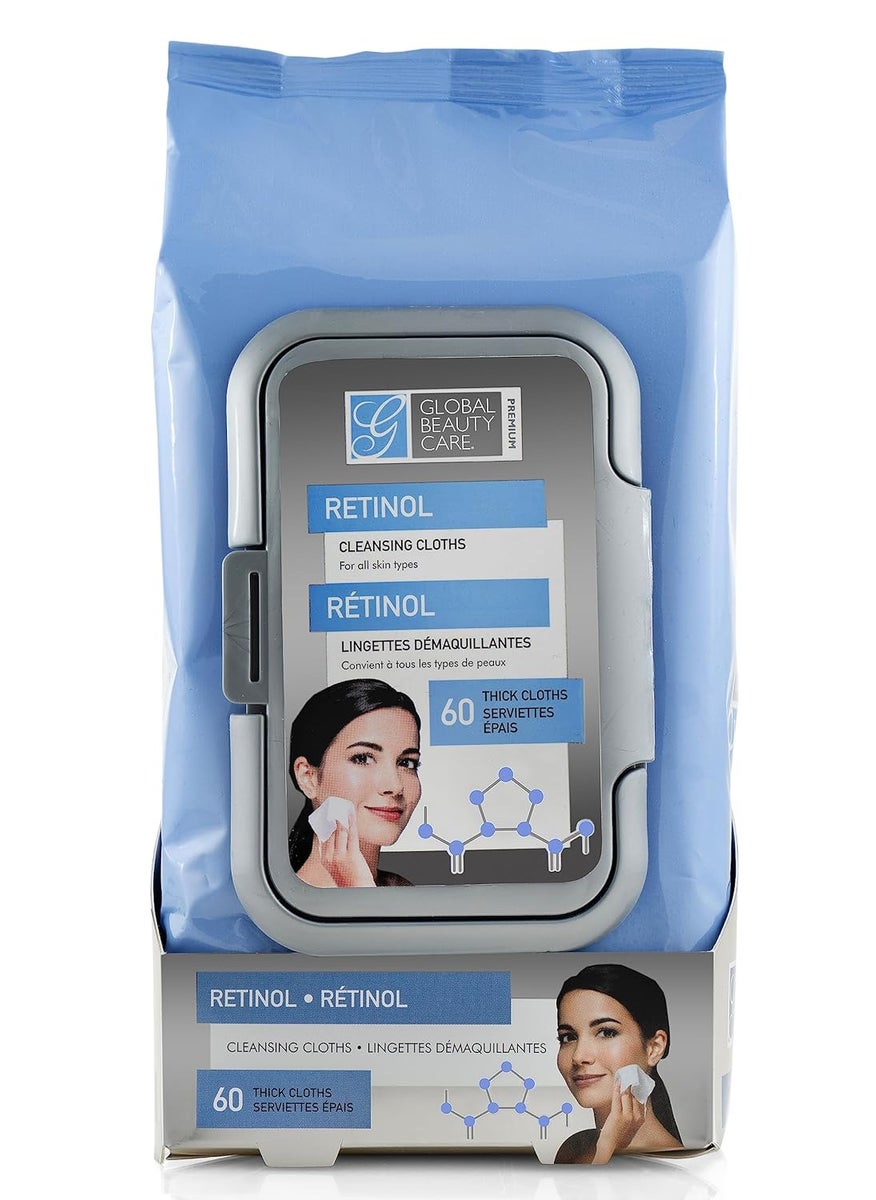 Global Beauty Care Retinol Cleansing Facial Towelettes Makeup Remover Wipes Nourishing Face  Eye Hypoallergenic ParabenFree NonComedogenic Hydrates  Smooths Skin 60 Count 1 Pack