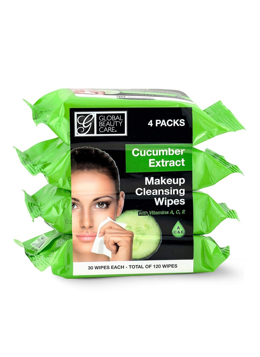 Global Beauty Care Cucumber Extract Makeup Cleansing Towelettes Packed with 3 Essential Vitamins A C  E for All Skin Types Hydrating Soothing  Nourishing Formula 120 Ct Disposable Wipes 4 Pack