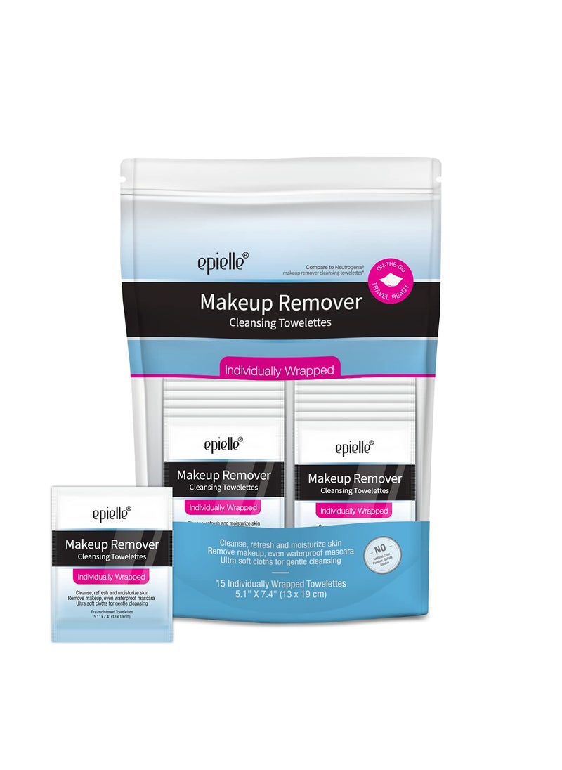Epielle Makeup Remover Cleansing Towelettes  15 Individual Wipes  Removes Oil Makeup  Waterproof Mascara  Korean Skincare
