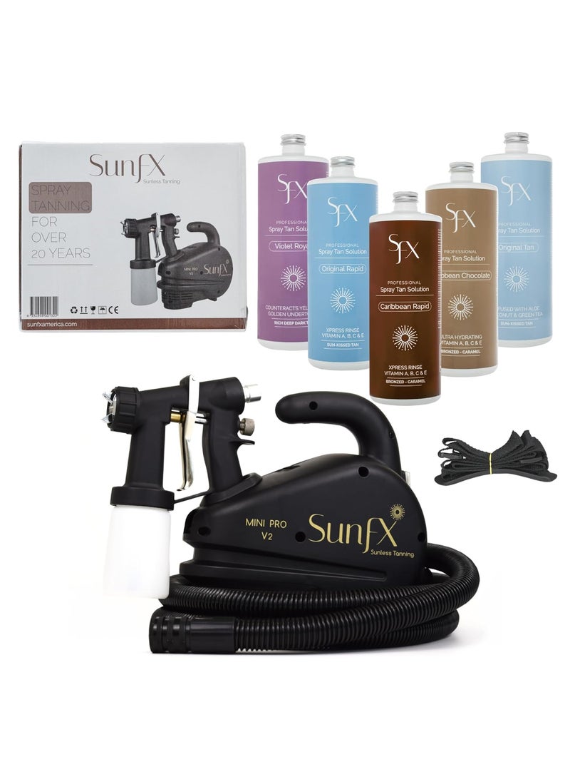 SunFX Professional Spray Tan HVLP Sunless Tanning System  Pro Mini V2 Tanning Machine Airbrush  Mobile or Salon Use  Solution Pack  Accessories