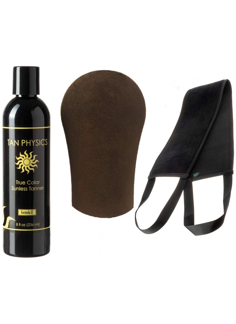 Tan Physics Sunless Tanner 8oz with Tanning Mitt  Back Applicator  Self Tanning Lotion  Instant Tanning Lotion for Face  Body  Natural Self Tanner for StreakFree LongLasting Glow
