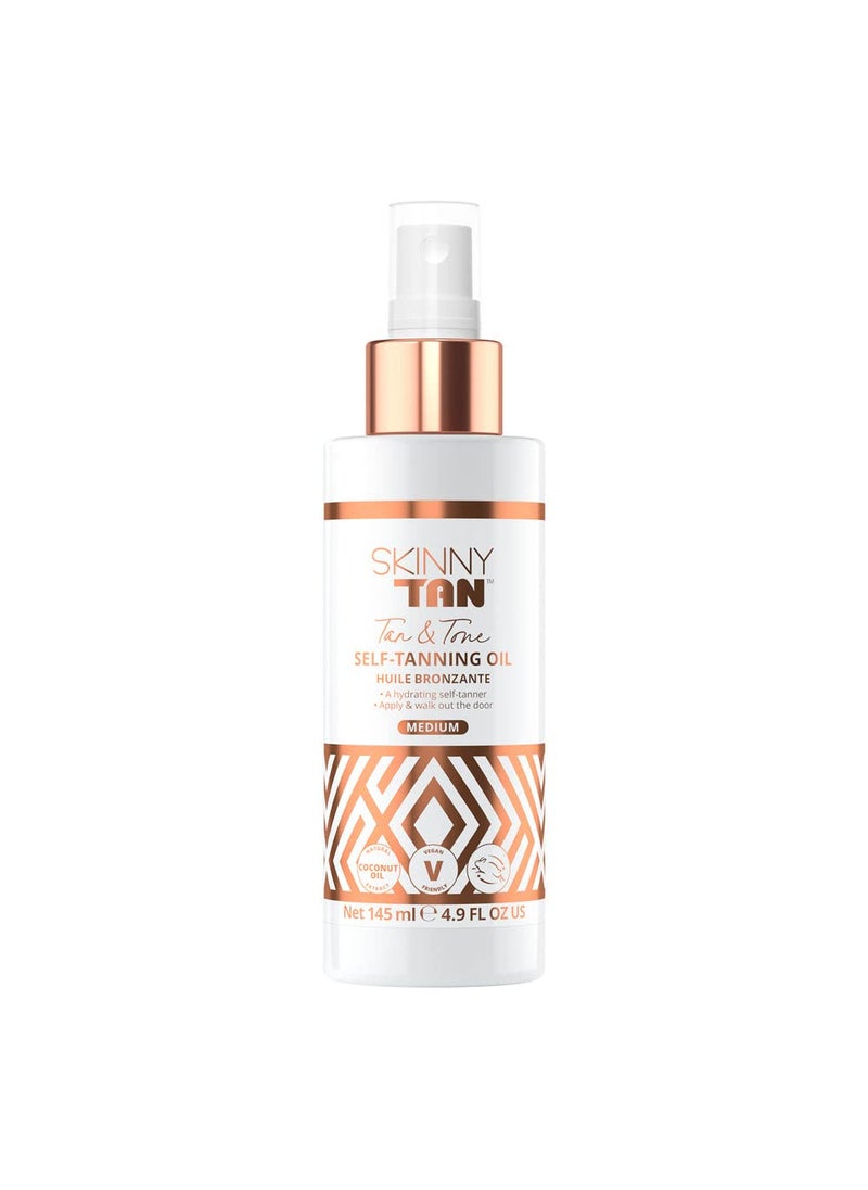 Skinny Tan Tan and Tone Self Tanning Oil Spray - No Need to Rinse - Hydrating and Toning Self Tanner for Healthier Looking Skin - Blurs Appearance of Stretch Marks - Medium Self Tan - 4.9 oz