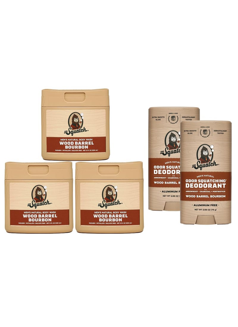 Dr Squatch NEW Natural Body Wash and Deodorant for Men Gift Set  Wood Barrel Bourbon  NonExfoliating Body Wash 8 oz 3 Pack  OdorSquatching Aluminum Free Deodorant 265 oz 2 Pack