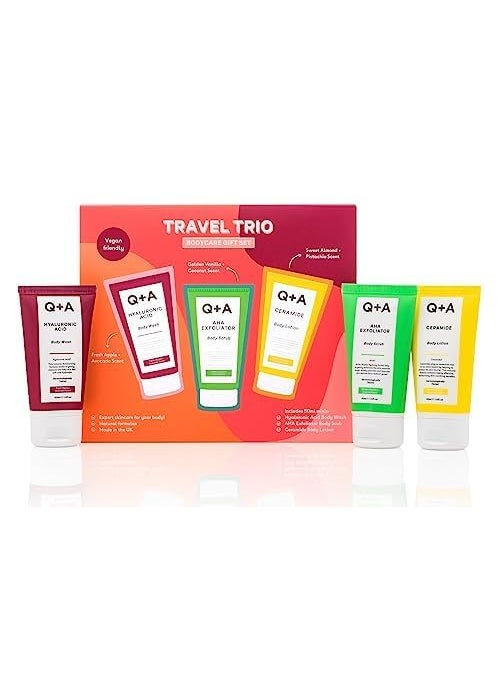 QA Travel Trio Body Care Giftset containing a Hyaluronic Acid Body Wash AHA Exfoliator Body Scrub and a Ceramide Body Lotion each item 50ml