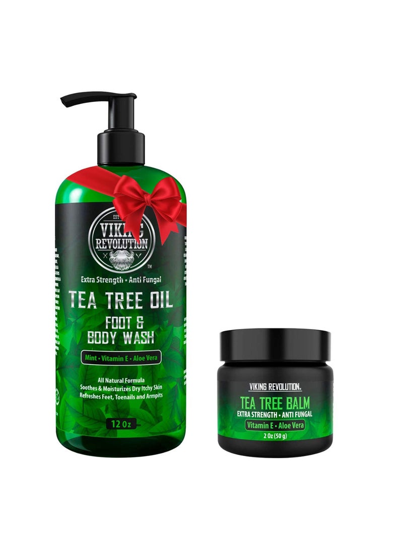 Viking Revolution Skin Cleaning Agent Tea Tree Kit for Men  Tea Tree Oil Set with Body Wash  Balm  Hydrating Helps Athletes Foot Jock Itch Eczema  Body Odors  Extra Strength 2 Piece Set