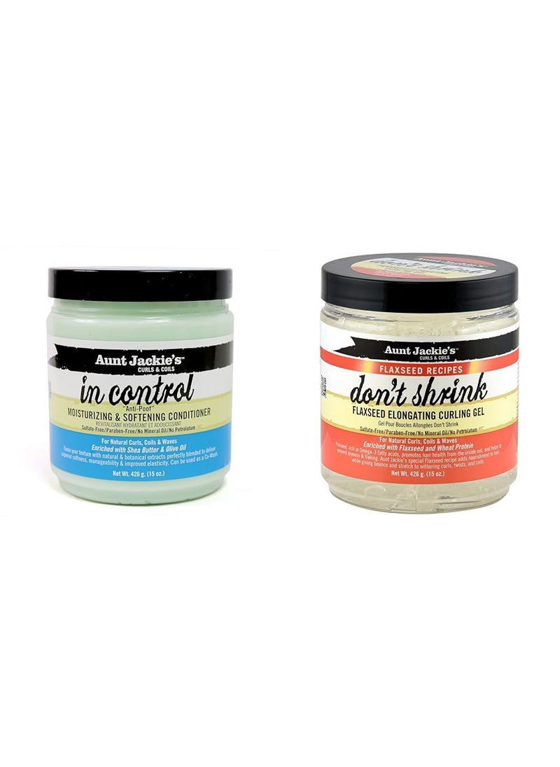 Aunt Jackies 15oz AntiPoof Conditioner  Dont Shrink 15oz Flaxseed Curling Gel Bundle for Natural Curls Coils and Waves
