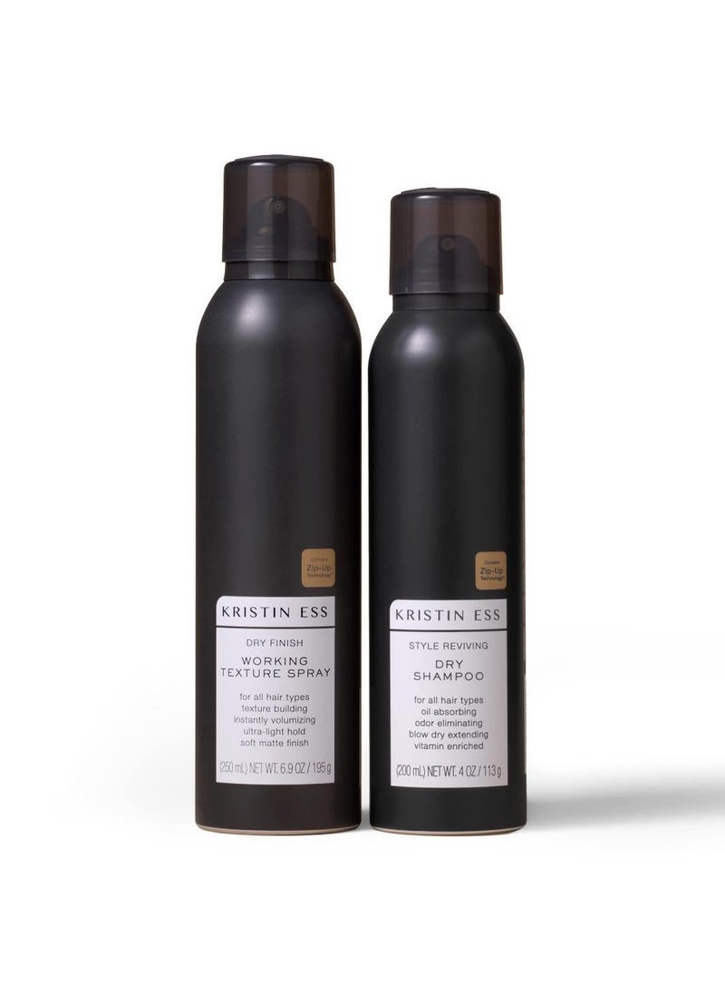 Kristin Ess Hair Dry Styling Set  Vitamin C Dry Shampoo Powder Spray  Light Hold Texturizing Spray  Volumizing  Oil Absorbing  Shine Enhancing for Dark Brunette  Blonde Hair  Sulfate Free