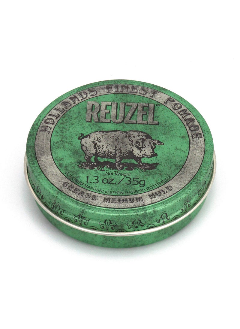 REUZEL Grease Hold Hair Styling Pomade Piglet Wax/Gel, Medium, Green, 1.3 oz, 35g