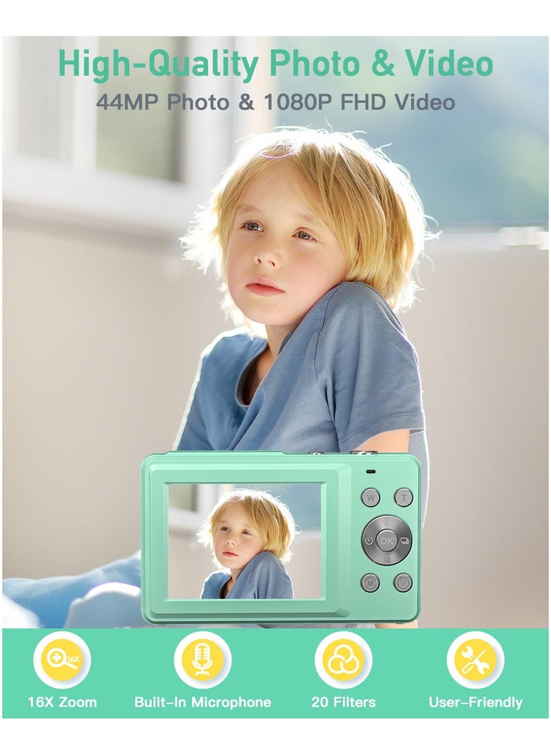 Digital Camera, FHD 1080P Kids Camera 44MP Point and Shoot Digital Camera with 32GB SD Card, 16x Zoom, Lanyard, Small Compact Camera for Kids Boys Girls