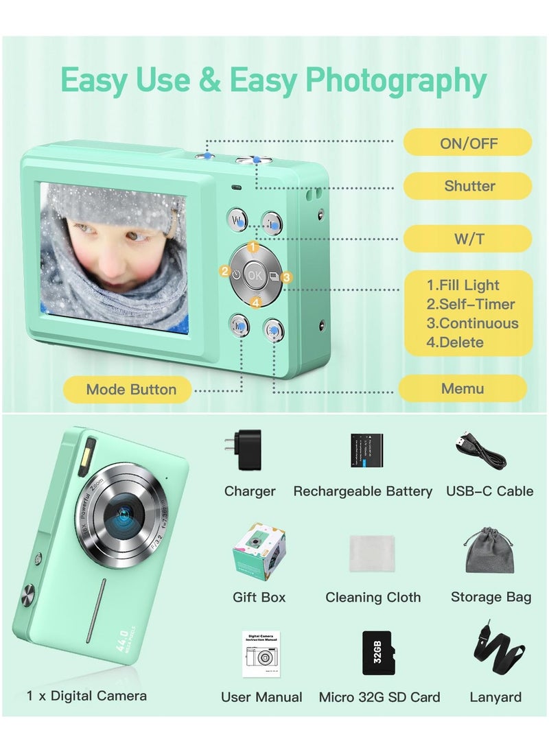 Digital Camera, FHD 1080P Kids Camera 44MP Point and Shoot Digital Camera with 32GB SD Card, 16x Zoom, Lanyard, Small Compact Camera for Kids Boys Girls