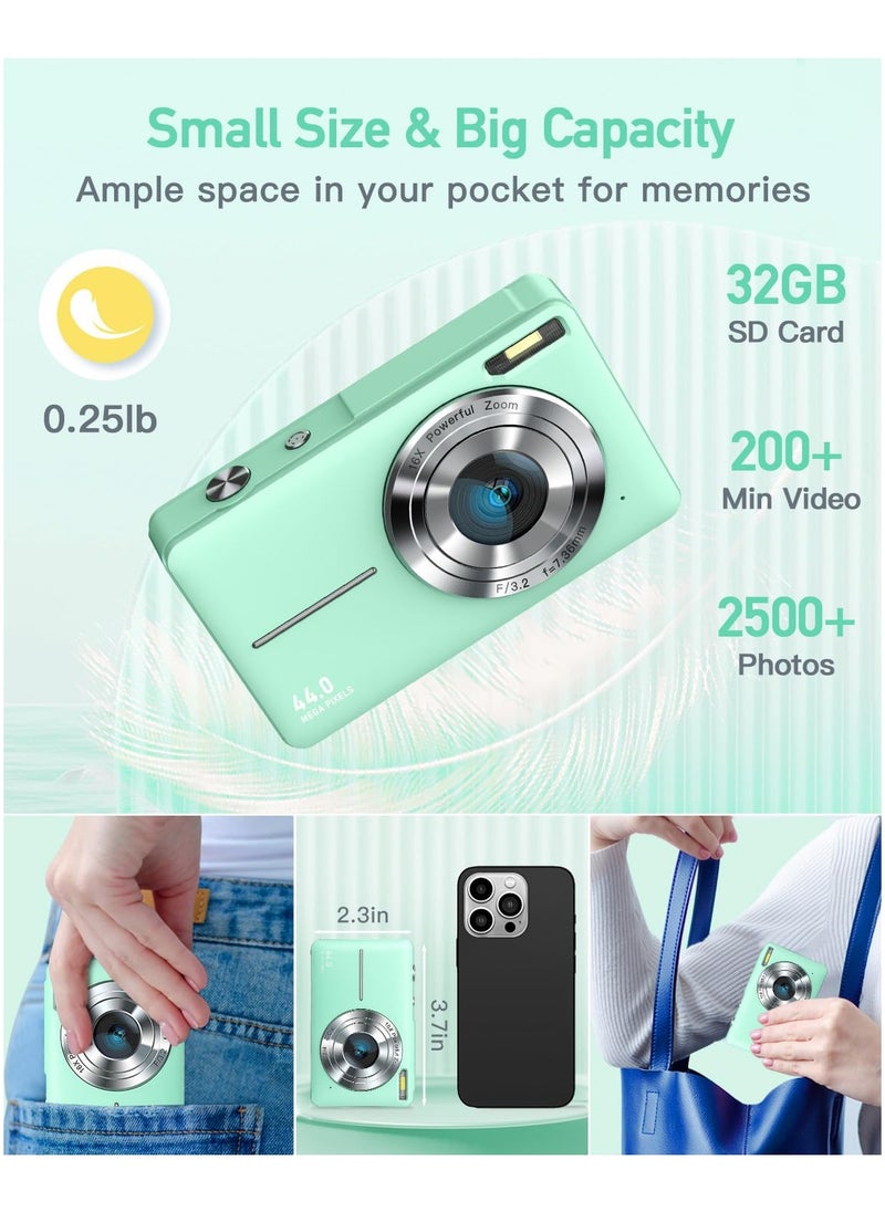 Digital Camera, FHD 1080P Kids Camera 44MP Point and Shoot Digital Camera with 32GB SD Card, 16x Zoom, Lanyard, Small Compact Camera for Kids Boys Girls